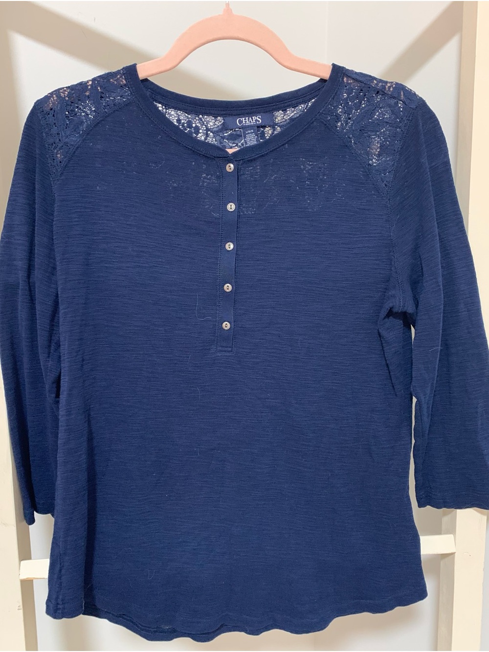 Chaps Navy Lace-Shoulder Henley Long Sleeve Top